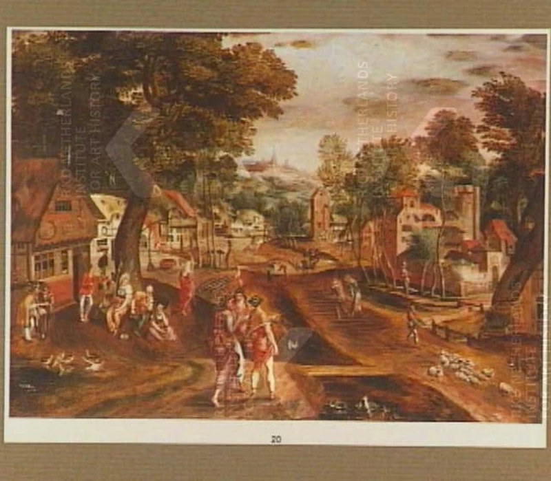 Veduta del villaggio con Cristo e l'Emmaus in primo piano
